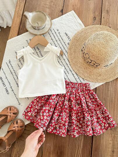 SHEIN LMoss Kids LMoss Baby Girl Knit Solid Color Camisole + Printed Chiffon Mini Skirt 2 Pieces Set,Kids