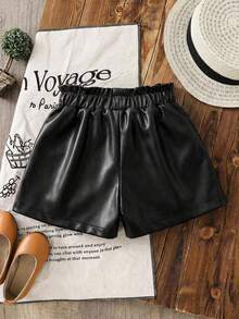 SHEIN LMoss Kids Szorty casualowe dla młodych dziewcząt w jednolitym kolorze - Czarne - Zobacz 3