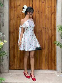 MainGRL Women's Elegant Heart Print Asymmetric-Shoulder Waist Cinched Dress, Summer - White - View 6