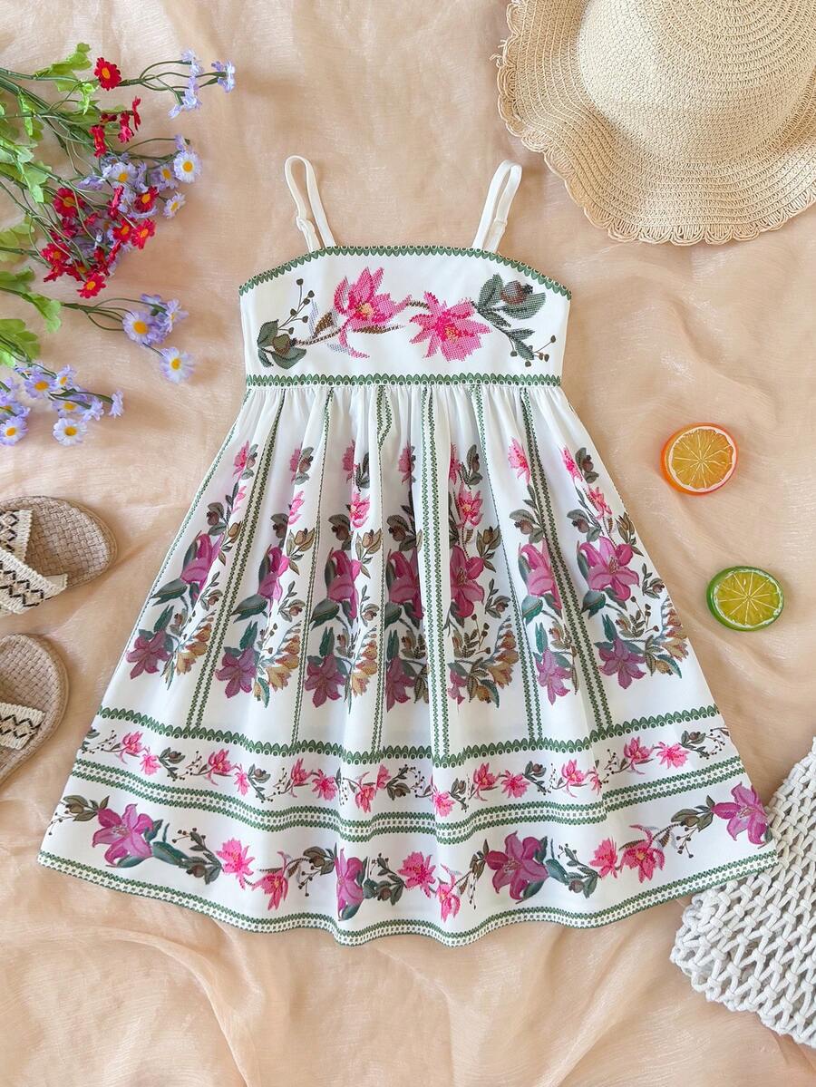 SHEIN 少女可爱碎花荷叶边短袖夏季度假连衣裙 - 白色 - 查看 1