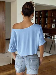 Muchica Camiseta holgada de punto azul claro con hombros sueltos para mujer - Celeste - Ver 2