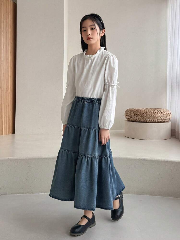 Tween Girls Elastic Waist Layered Ruffle Hem Casual Denim Skirt