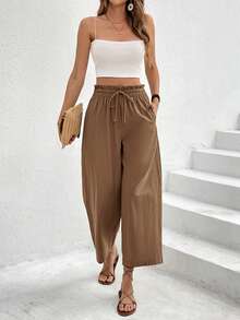 SHEIN Frenchy 女士休闲度假通勤纯色抽绳纸袋腰侧口袋阔腿裤 - 棕色 - 查看 3