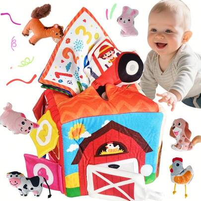 MINKOJA - SELECTS Babyboerderij stoffen boekje, boerderijdieren stoffen speelgoed, mini boerderijhuisje doos met kleine huisjespoppen, sensorisch pluche puzzelspeelgoed, verrassingsschuur met knuffelboerderijdieren, kerst- en Halloweencadeaus, baby tissuebox speelgoed, babyspeelgoed 6-12 maanden, 13-delige verrassingsschuur speelgoedset met knuffelboerderijdieren, rammelaar, zacht papier, spiegel, Montessori sensorisch speelgoed voor baby's van 1, 2 en 3 jaar.