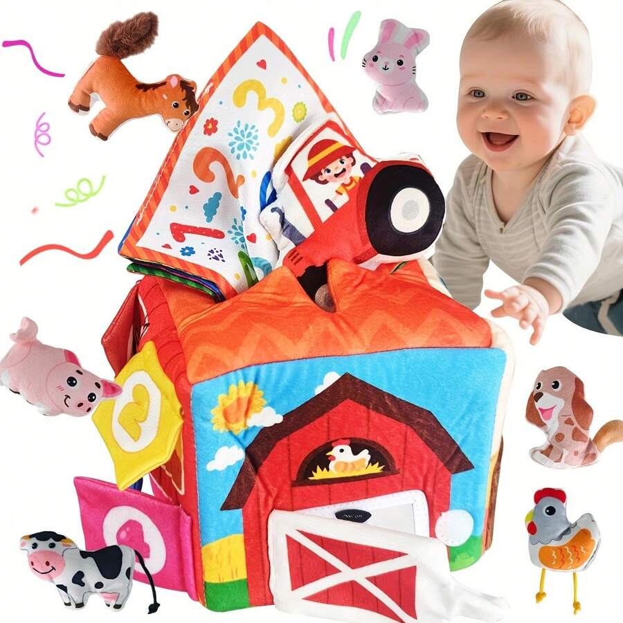 MINKOJA 婴儿农场小屋布书，农场动物布艺玩具，迷你农场小屋盒装小房子娃娃，6-12个月婴儿玩具，13件套惊喜谷仓玩具，含毛绒农场动物、摇铃、软纸、镜子。复活节，复活节礼物，儿童节，婴儿用品，婴儿必需品，婴儿玩具，婴儿摇铃和毛绒戒指 - 彩色 - 查看 1