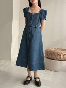 Dazy Kids Gaun Denim Lengan Mengembang Kerah Persegi untuk Anak Perempuan Remaja - Biru - View 3
