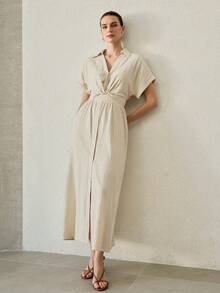 MOTF PREMIUM WOMEN'S NEW FRENCH STYLE COMMUTER PLEATED WAIST SHORT SLEEVE DRESS - Khaki - View 6