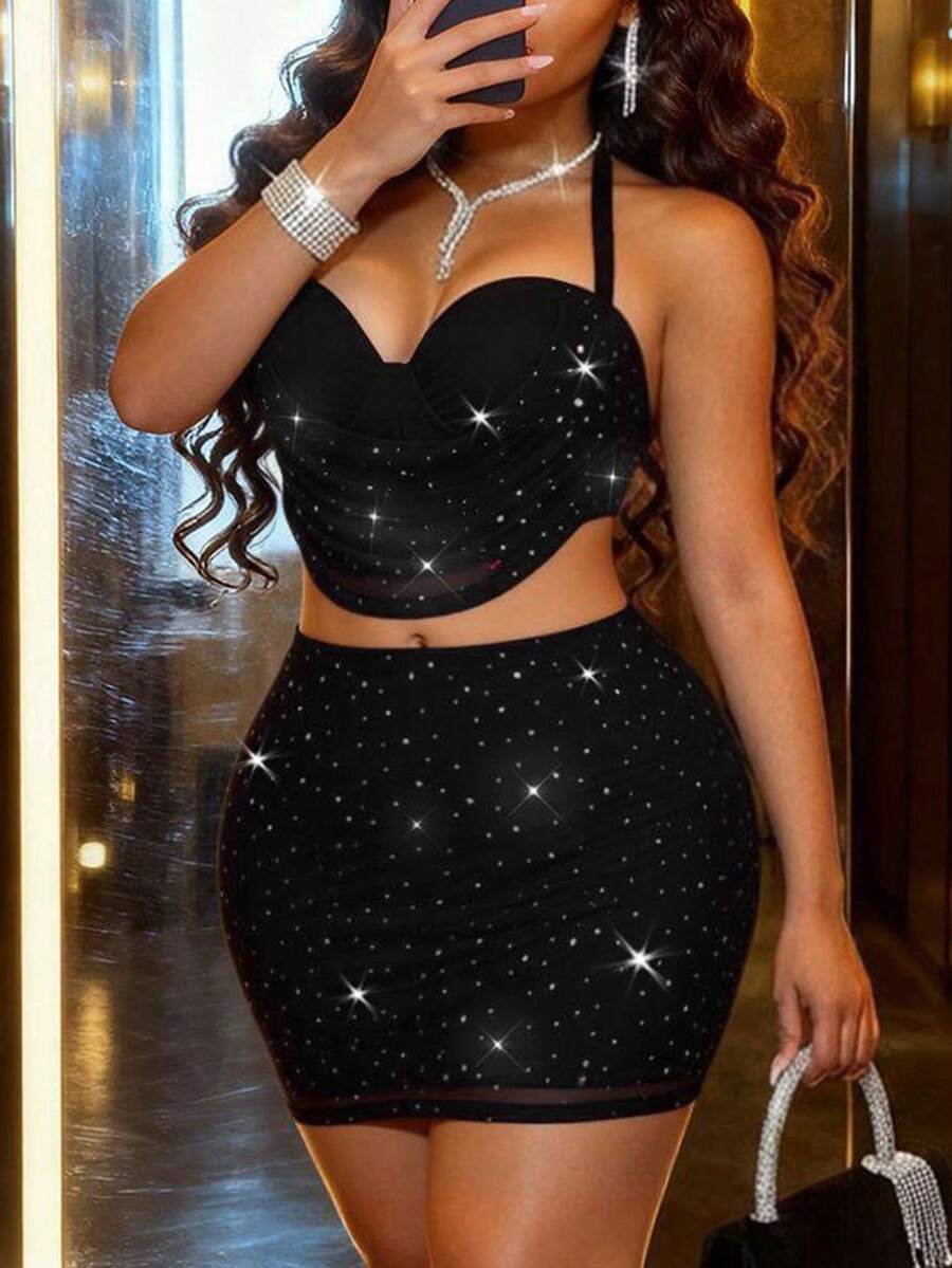 Slaydiva 2025 New Party, Birthday, Bar, Nightclub, Valentine's Day, Halloween, Christmas Occasion Shiny, Sexy, Elegant Spaghetti Strap Crop Top + Mini Skirt 2-Piece Set For Women, Black - Black - View 1