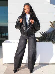 Steph T Thick Padded Fold Over Collar Faux Leather Coat Night Out Autumn Fall Winter Back To School Everyday Outerwear - Black - View 3