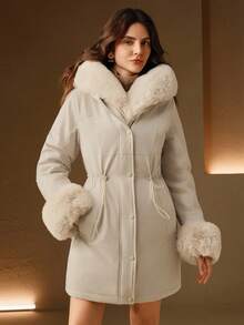 Anewsta Thick Long Fluffy Fur Collar Lined Cinched Waist Parka Coat, Women Padded Coat - Beige - View 7