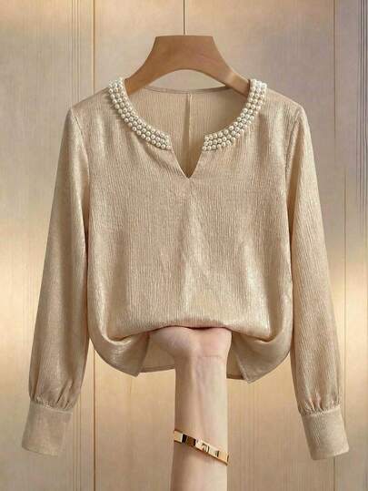 Franclia This Women's Khaki Elegant V-Neck Long-Sleeved Shirt Features Pearl Embellishments And A Relaxed Fit. It's A Sophisticated Women's Shirt, Top, Or Casual Top With A Preppy Style. Suitable For Summer, Summer Vacations, Holidays, Spring, Beach, Carnivals, Beach, Vacations, Parties, And Beach Activities. It Offers Both Elegance And Casualness, Making It Ideal For Romantic Dates, Back-To-School Occasions, Stylish Casual Commuting, Business Attire, And A Variety Of Fashionable Everyday Casual Wear; Also Suitable For Urban Teachers.