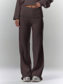 MUSERA Quần ống rộng phối ren gân, chi tiết móc len, cạp gập, chỉ bán quần. Thích hợp mặc đi cà phê, câu lạc bộ hoặc dự tiệc tối. - Màu nâu Sô-cô-la - Xem 2