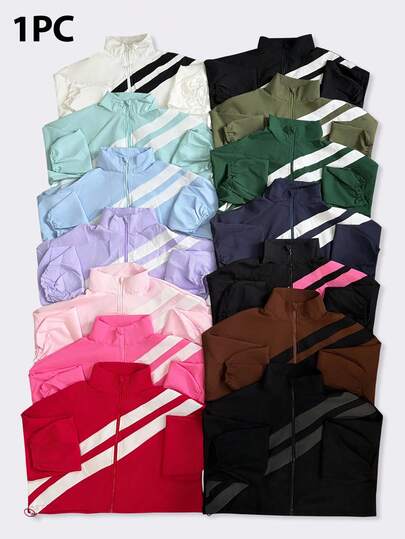 Easithlete Color Block Full Zip Drawstring Hem Sports Jacket, Suitable For Spring And Autumn