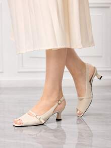 Sleekvia Tacones altos elegantes minimalistas de punta cuadrada, tacón de aguja, punta abierta, correa con hebilla, sin talón, color beige, para primavera/otoño - Beis - Ver 3