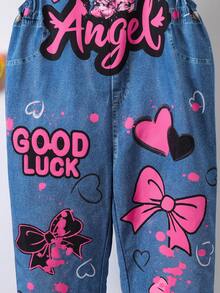 Sparklyn Young Girl Y2K Casual Street Style Cute Girl Portrait, Bow, Heart Denim Effect, Hand-Painted Graffiti Patchwork Fuchsia Fleece Bib Pants Overall - Multicolor - View 3
