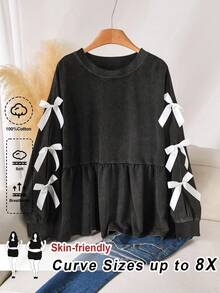 SHEIN CURVE+ 加大码/情人节/大码休闲娃娃裙蝴蝶结装饰圆领做旧T恤套头衫/2026/新年 - 黑色 - 查看 1