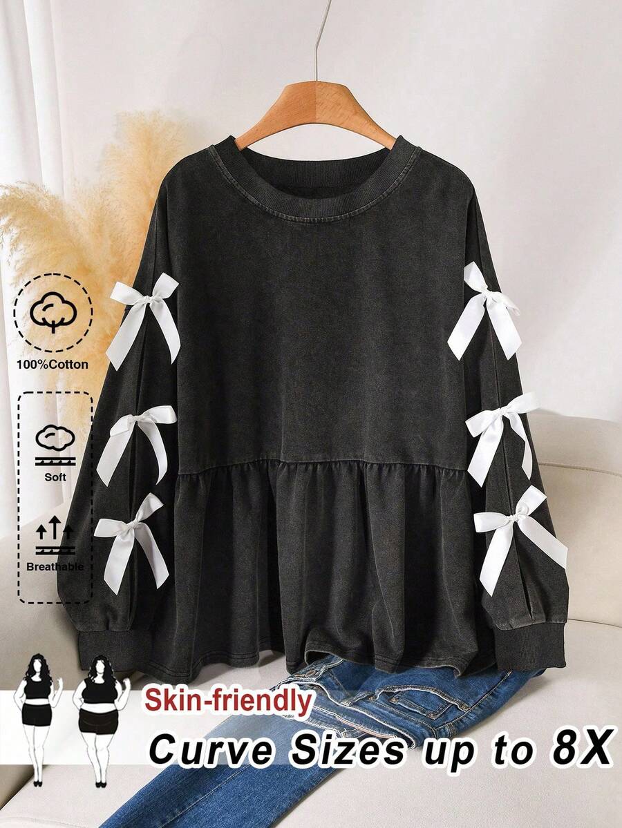SHEIN CURVE+ 加大码/情人节/大码休闲娃娃裙蝴蝶结装饰圆领做旧T恤套头衫/2026/新年 - 黑色 - 查看 1