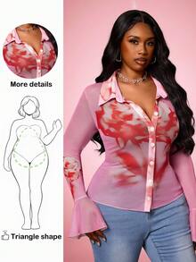 Truni 大码女士优雅粉色玫瑰印花长袖网纱上衣，喇叭袖口设计，适合约会、通勤、派对、情人节等场合。 - 彩色 - 查看 3