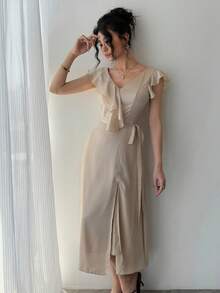 DAZY Đầm dài ngang gối màu trơn thanh lịch dành cho nữ, đầm maxi dự tiệc cưới mùa hè, đầm cocktail. - Màu be - Xem 2