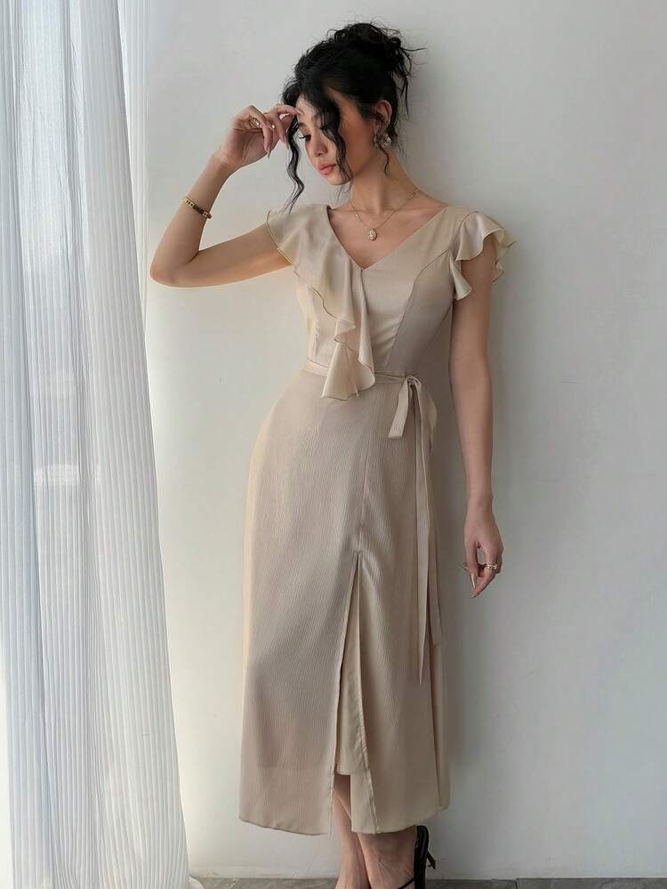Women's Elegant Solid Color High Slit Mid-Length Dress, Summer Wedding Guest Dress Maxi Dress Sundress Cocktail Dress