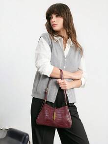 SHECARRY Fashionable & Versatile Crocodile Embossed Shoulder Bag For Commuting - jujube - View 7