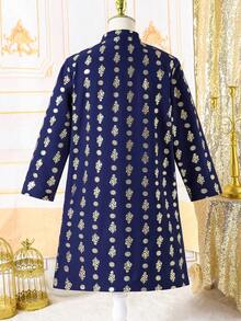 SHEIN Tween BoyMiddle Eastern Inspired Golden Foil Floral Patterned Fancy Shirt - Navy Blue - View 2