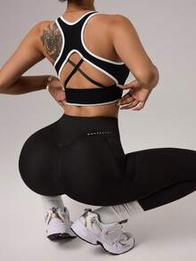 Seamluxe SHEIN Sport حمالة صدر رياضية للنساء بتصميم ظهر مفتوح للاستخدام اليومي والياقة البدنية - الأسود - مشاهدة 3