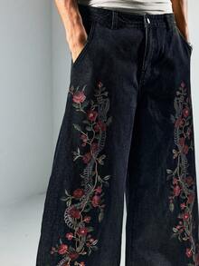 ROMWE MEN Street Life Men's Floral Bone Print Distressed Jeans - Black - View 2