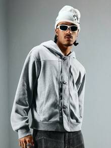 ROMWE MEN Street Life Men's Casual Versatile Airplane Buckle Hoodie Sweatshirt, Gray - Grey - View 5