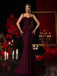 Glamrae Elegant Dark Gray-Green High Stretch Mesh Off Shoulder Evening Dress,Fishbone Trim Asymmetrical Split Metal Decor Fish Tail Formal Gown For Occasions - Maroon - View 5