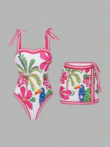 Swim Oasis New Printed Fashion Women Swimsuit Set, Halter Thick Strap One-Piece Swimsuit With Waist Tie Skirt, Suitable For Vacation & Beach - Multicolor - View 7