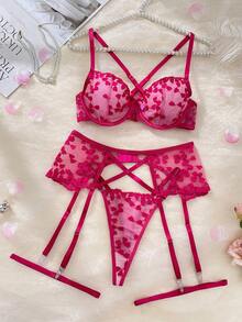 5件套性感女士内衣套装，包含薄纱、心形刺绣和蝴蝶结装饰 - 玫紅色 - 查看 4