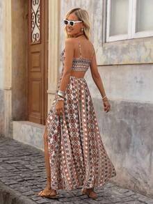 Brillora 女士几何印花高开衩无袖连衣裙，休闲百搭，适合度假、约会和外出穿着 - 橘色 - 查看 2