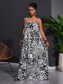 Slaydiva Plus Size Women's Abstract Floral Plant Zebra Print Sleeveless A-Line Maxi Dress Summer Boho Nomadic Style Loose Holiday Beach Vacation Wear White - Black and White - View 4