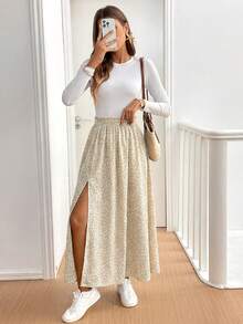 SHEIN Frenchy Women's Ditsy Floral Elastic Waist Frill Trim Split Skirt - Apricot - View 4