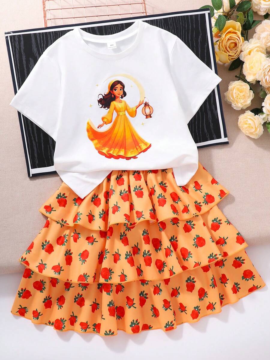 Girls Cute Lantern & Girl Print T-Shirt With Burgundy Rose Cake Skirt Set, Summer - Yellow - View 1