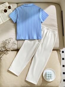 2pcs Young BoyCasual Set, Blue Polo Collar Short Sleeve T-Shirt With Embroidered Knight Design, Paired With Loose Khaki Pants - Blue - View 2
