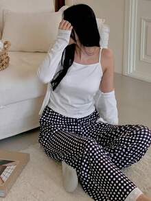 DAZY 3pcs Jacquard Knit Cardigan, Camisole & Plaid Pajama Pants Set For Women - White - View 6