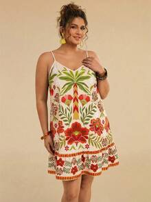 Travachic Plus Size Retro Print Slip Dress, Vacation Style Plus Size Resort Wear Plus Size Sundress Plus Size Sun Dress Boho Dress Plus Size - Apricot - View 4