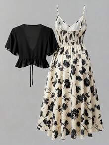GlowEve CURVE 2pcs/Set Plus Size Black Short Sleeve Top + Floral Print V-Neck Ruffle Trim Vest - Multicolor - View 2