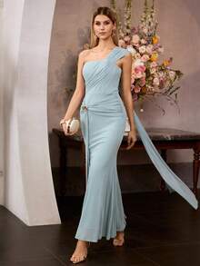 MOTF Soiréza WOMEN'S ELEGANT STRUCTURED MESH STRETCH MERMAID DRESS, SUITABLE FOR SPRING/SUMMER OCCASIONS - Blue - View 2