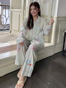 Dazy Plus Plus Size Women Cartoon Floral & Striped Loose Fit 2 Pieces Pajama Set, Comfortable Home Wear For Spring & Autumn - Multicolor - View 2