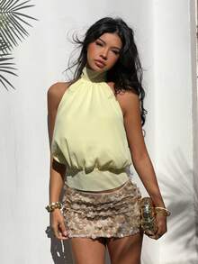 Aloruh Women's Yellow Chiffon Halter Tie Back Blouse, Spring/Summer - Yellow - View 1