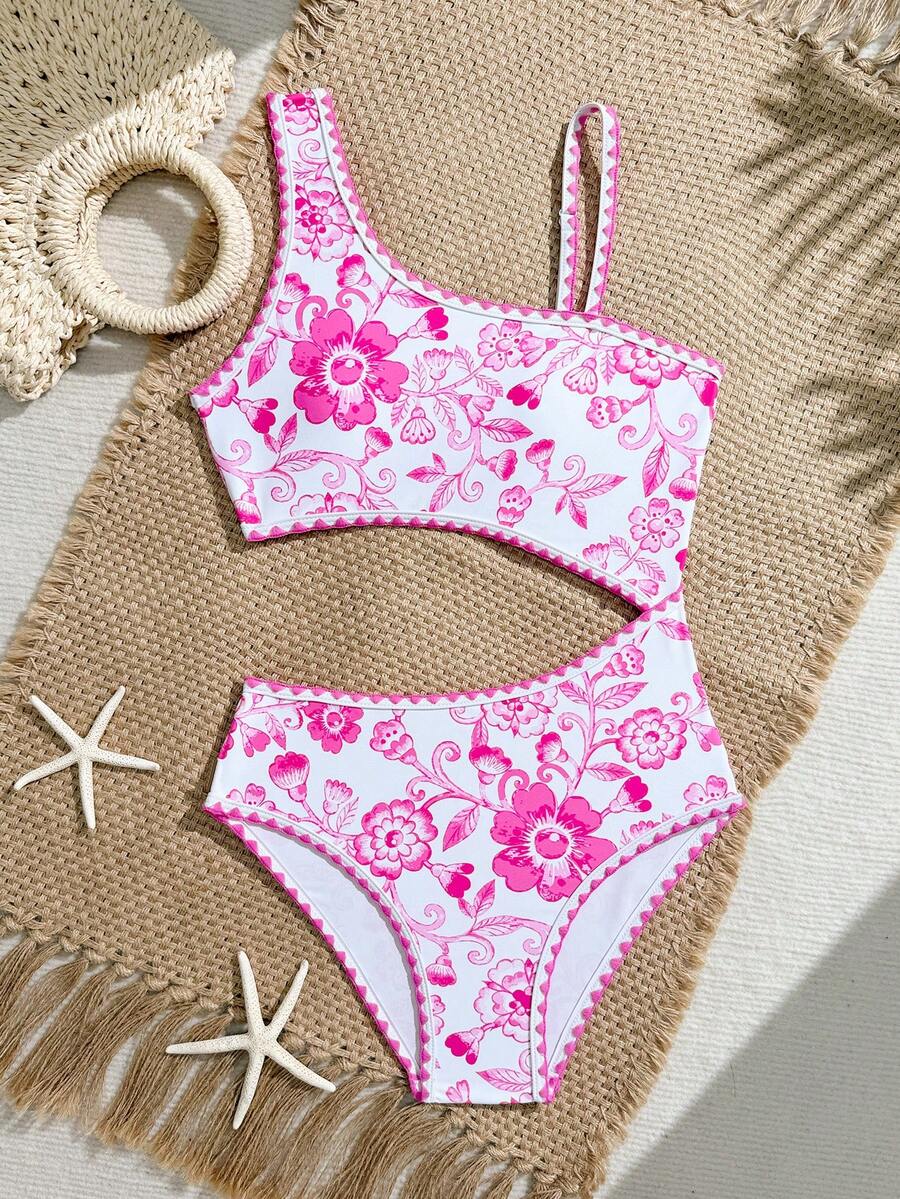 SHEIN 少女碎花镂空连体泳衣，沙滩/度假款 - 玫紅色 - 查看 1