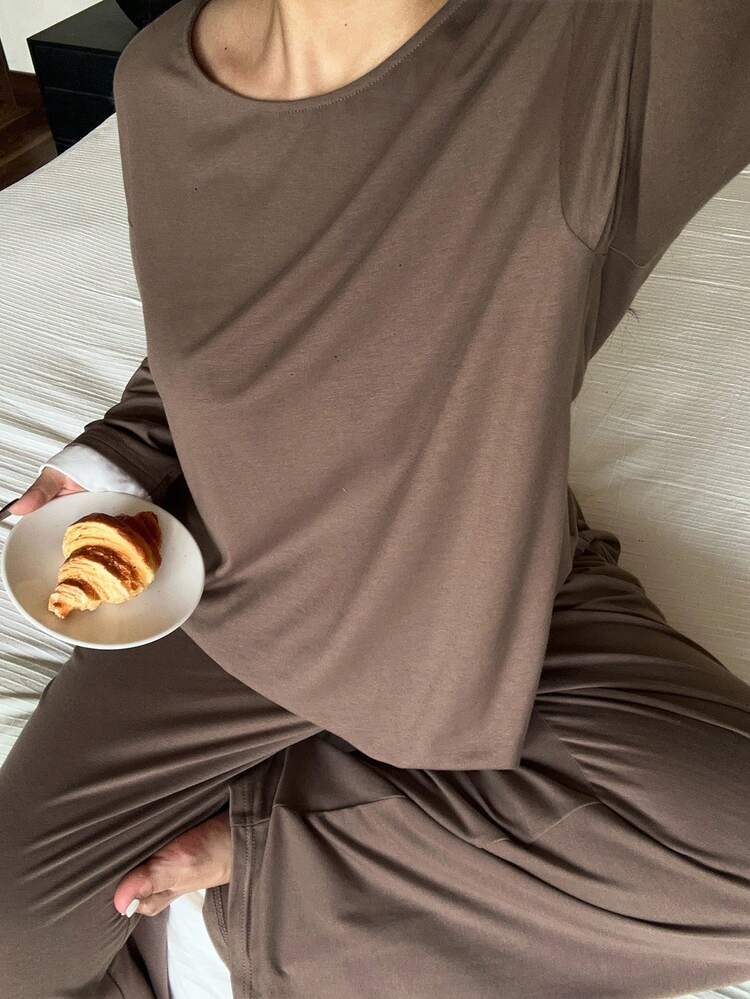 Dazy Plus 2pcs/Set Casual Contrast Color Patchwork Loose Top And Pants Pajama Set, Plus Size Women Knit Sleepwear, Spring/Autumn