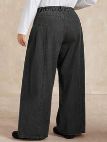 Dazy Plus Plus Size Women Casual Elastic Waist Long Split-Line Design Slim Fit Streetwear Jeans, Suitable For All Seasons - Dark Grey - View 2