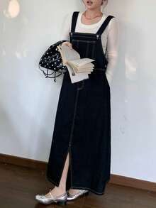 Dazy Plus Plus Size Women Loose Casual Strap Straight Hem Slit Maxi Denim Dress, Sleeveless - Dark Wash - View 1