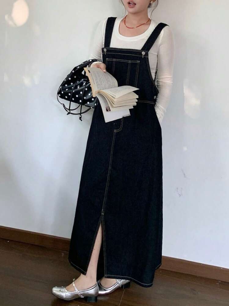 Dazy Plus Plus Size Women Loose Casual Strap Straight Hem Slit Maxi Denim Dress, Sleeveless