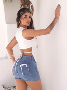 女式蝴蝶结装饰休闲牛仔迷你短裙 - 深色水洗藍 - 查看 6