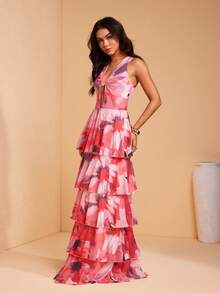 JIAN LASALA Đầm maxi nữ xếp lớp, họa tiết hoa toàn thân, chất liệu lưới, cổ chữ V sâu, tay áo cài khóa kim loại. - Màu Hồng Tươi - Xem 3